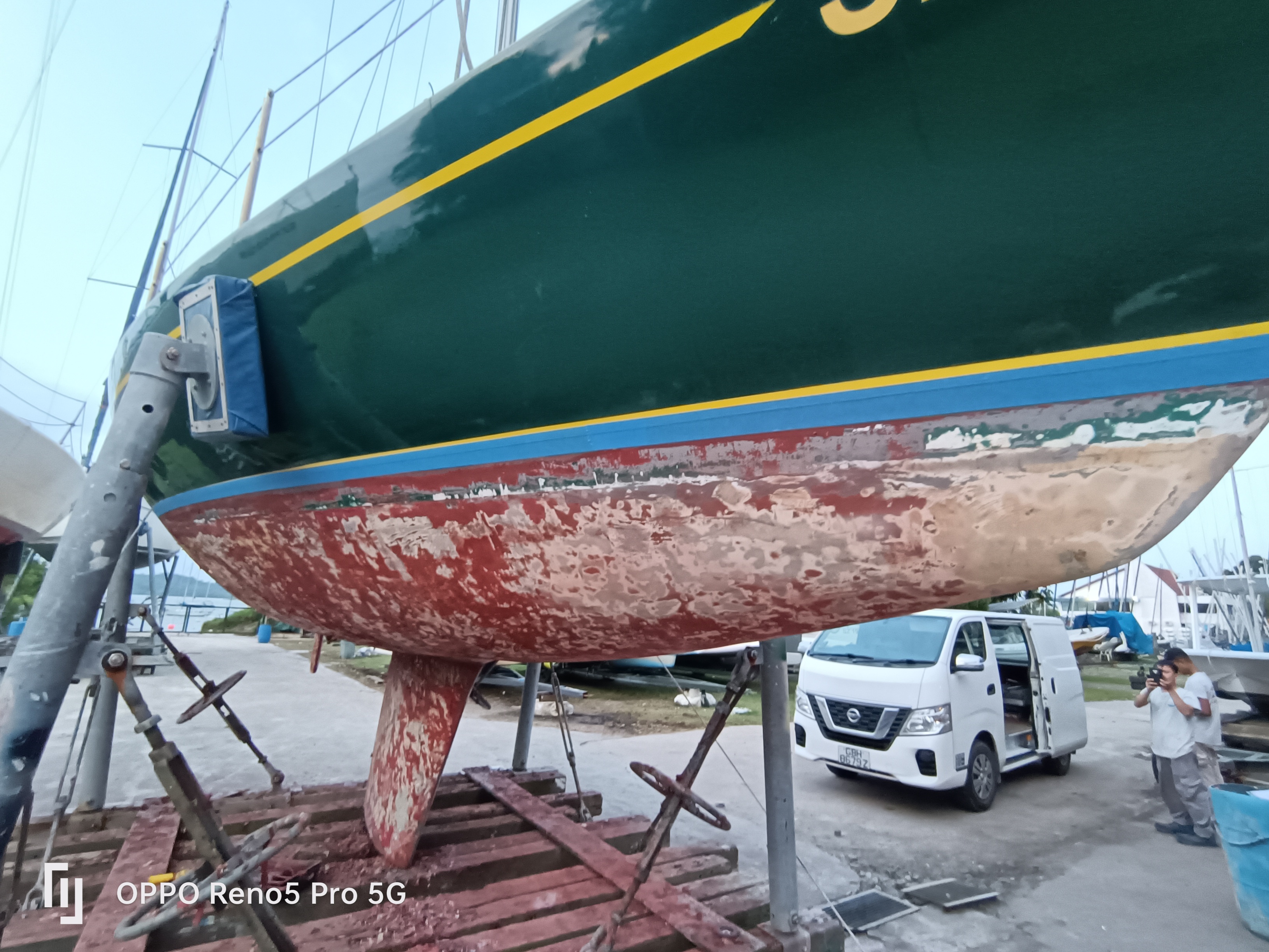 Hull and superstructure coating — work in progress on yacht hull